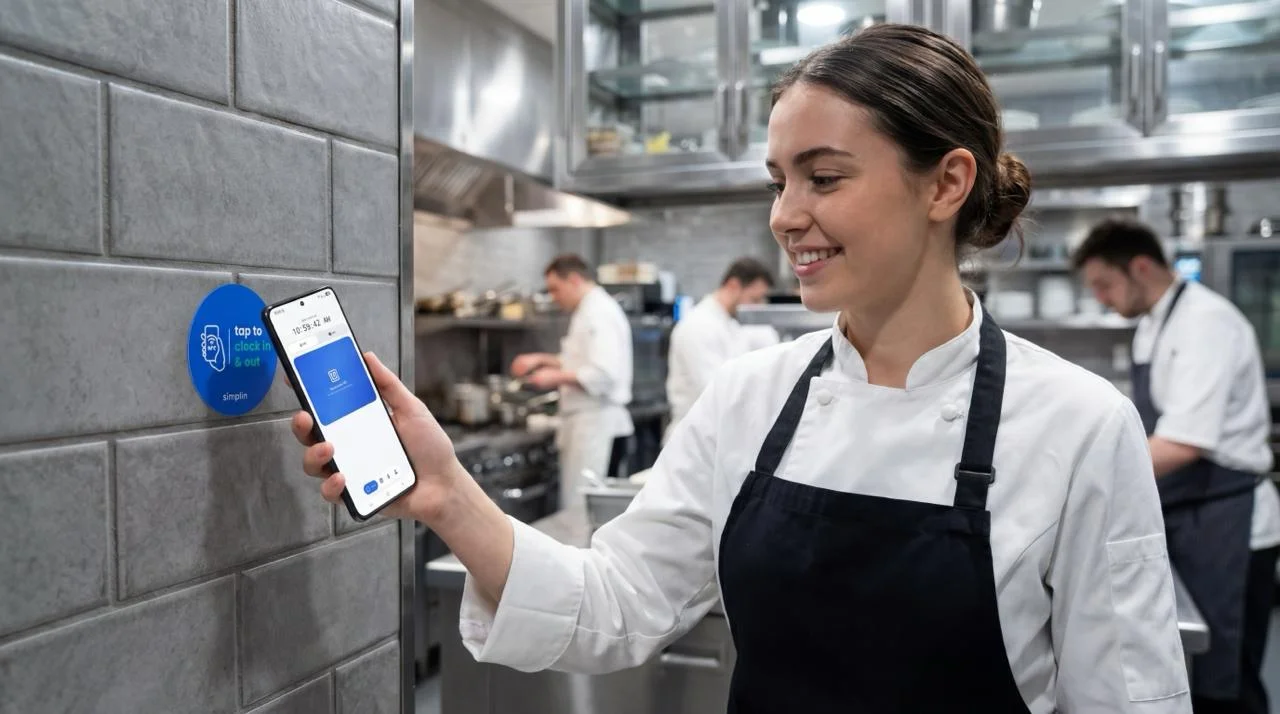 An employee holding a phone to a Simplin NFC sticker on a kitchen wall