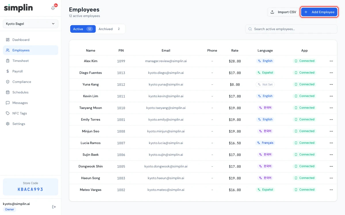 Employees page with the Add Employee button highlighted
