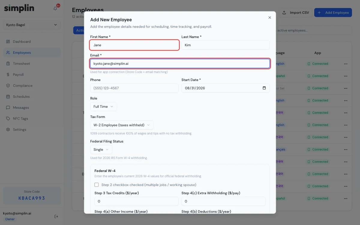 Add New Employee form with the name and email fields highlighted