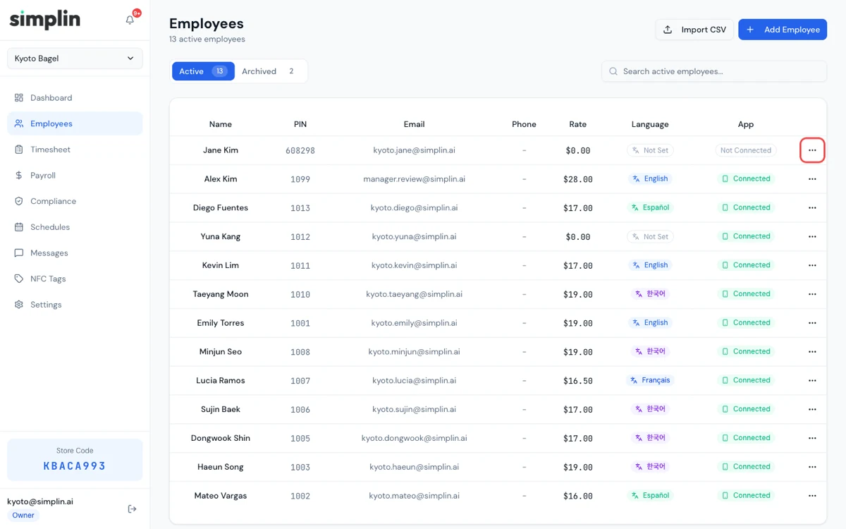 Employee row with the three-dot menu button highlighted