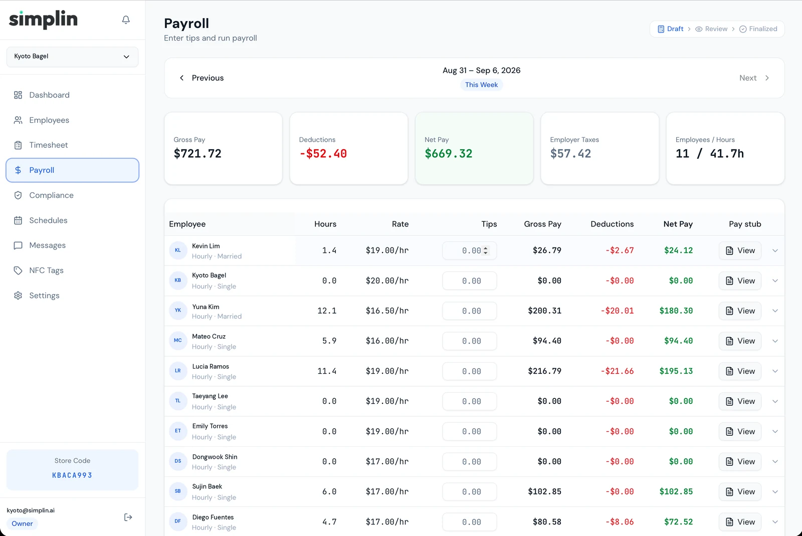 Payroll page with a pay period summary