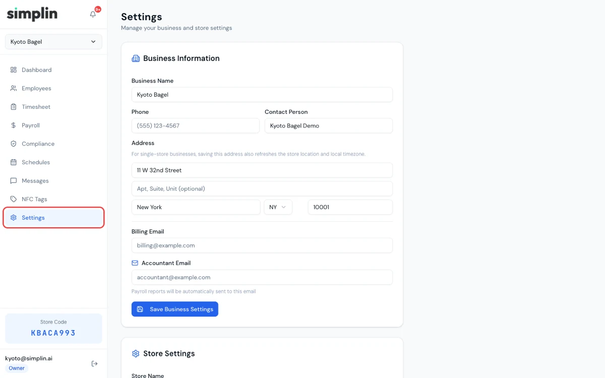 Settings page showing business information, address, and the store code