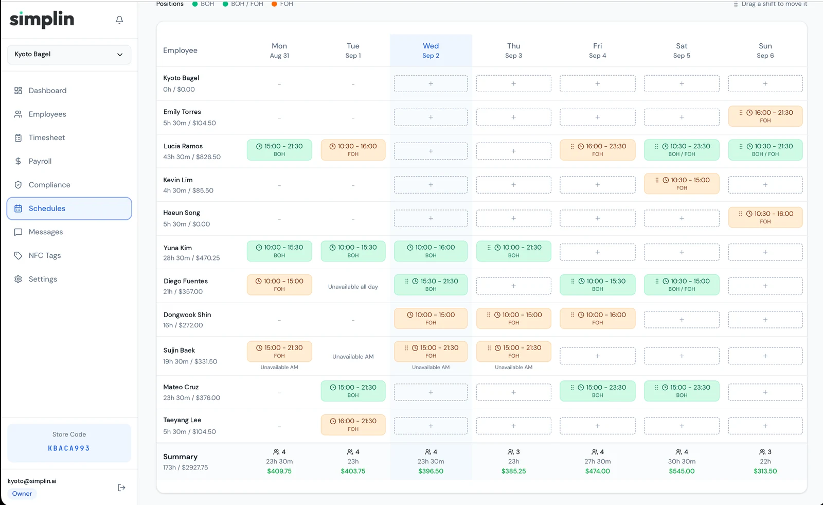 Published weekly schedule grid with positions, Unavailable markers, drag handles, and the daily summary row