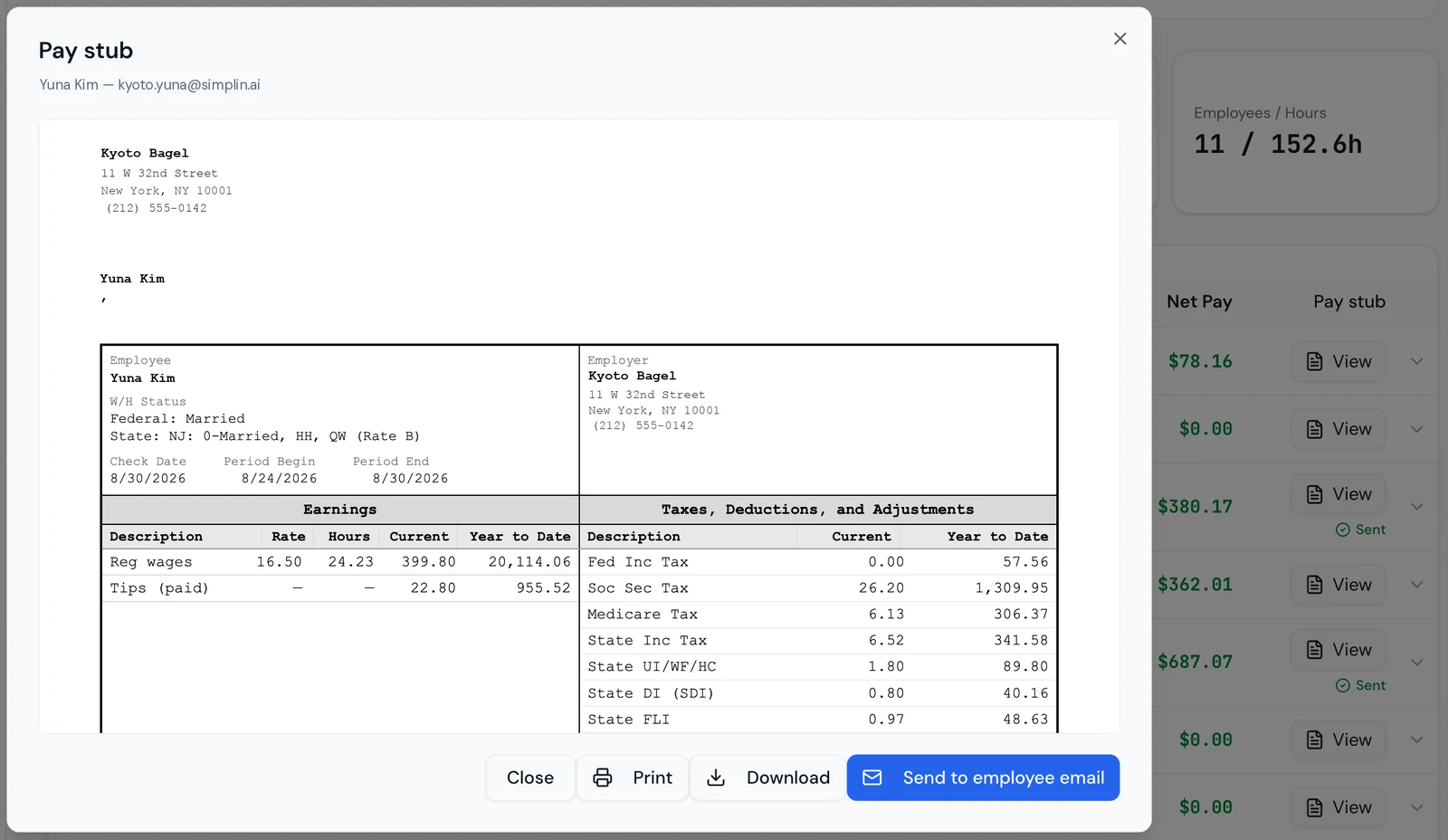 Pay stub preview dialog with Print, Download, and Send to employee email buttons