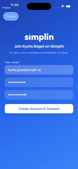 Join Kyoto Bagel on Simplin screen with email prefilled and two password fields