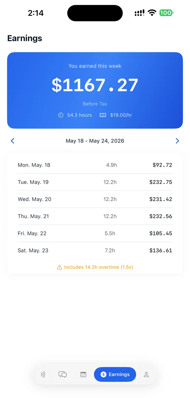 Earnings tab with this week's amount before tax, hours, and pay rate