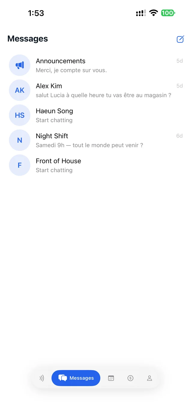 Messages list with Announcements, a coworker chat, and group chats