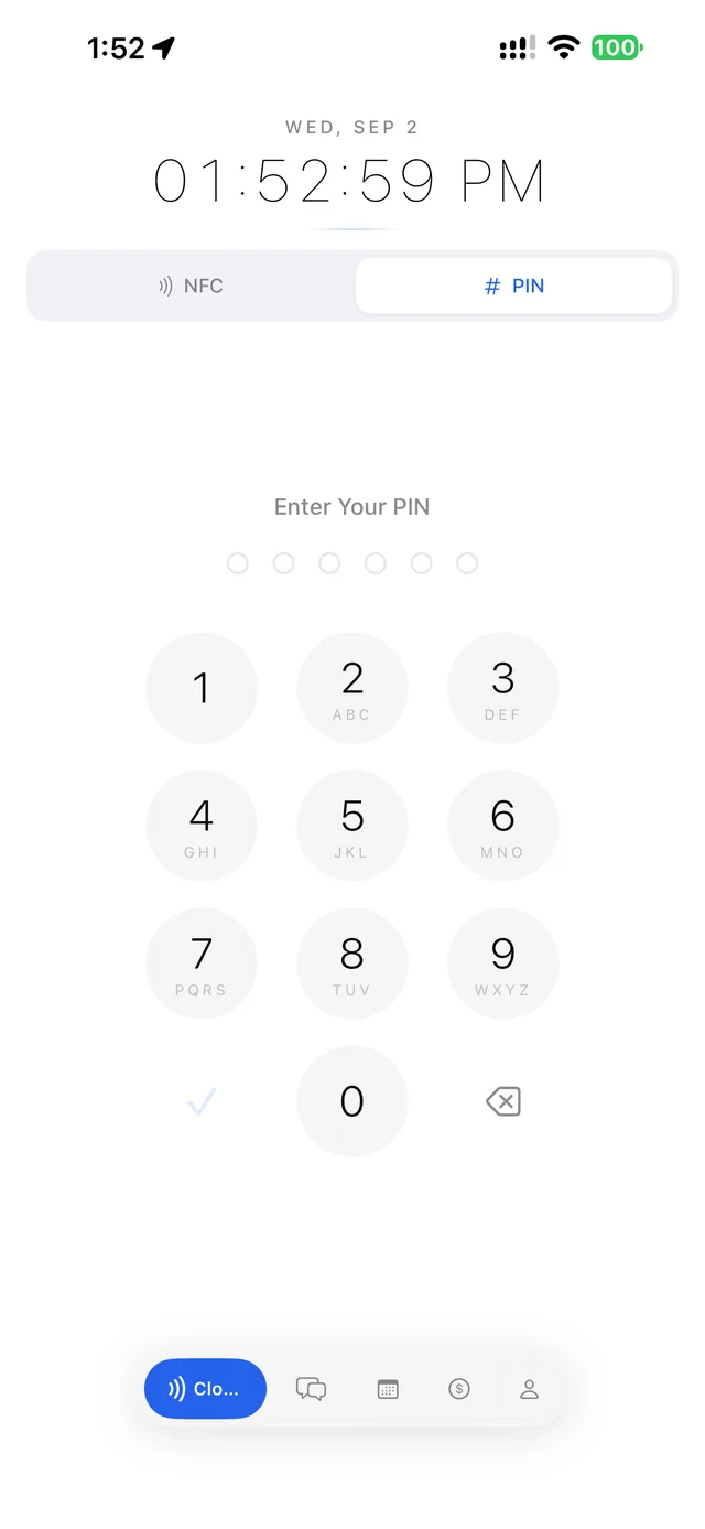 PIN pad on the Clock screen after clocking out with a PIN