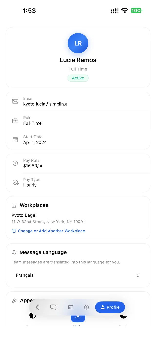Profile tab with name, pay, Workplaces, and Message Language