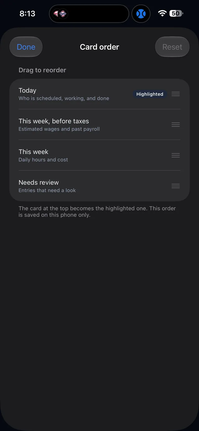 Card order screen