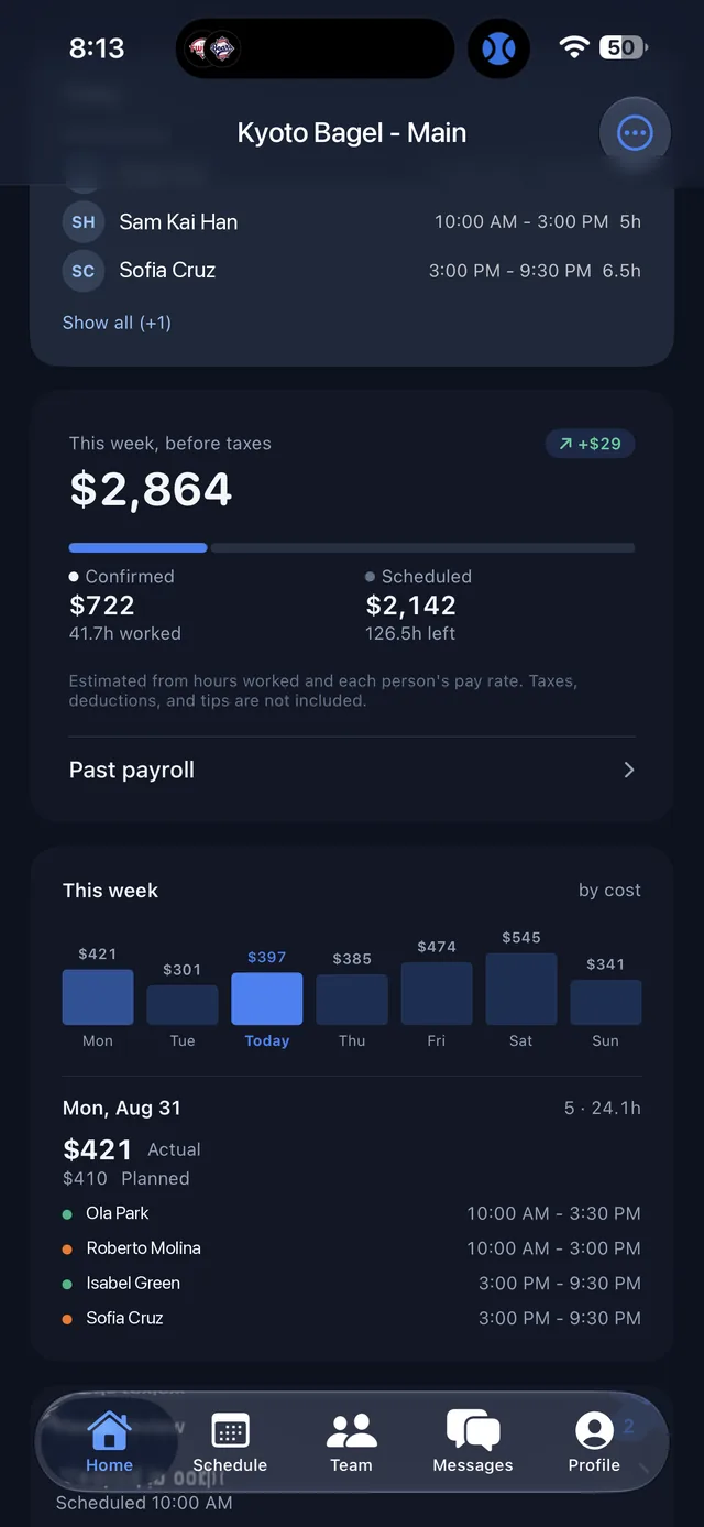 Home screen showing Monday's actual and planned labor cost