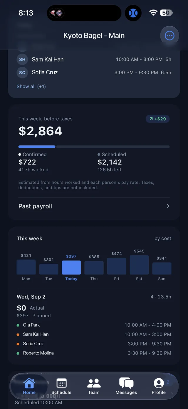 Home screen showing today's planned labor cost