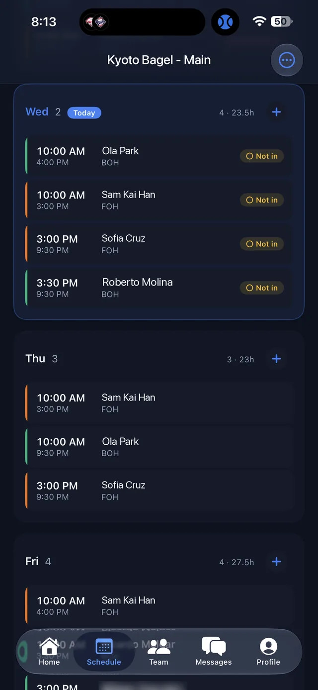 Schedule tab, week view