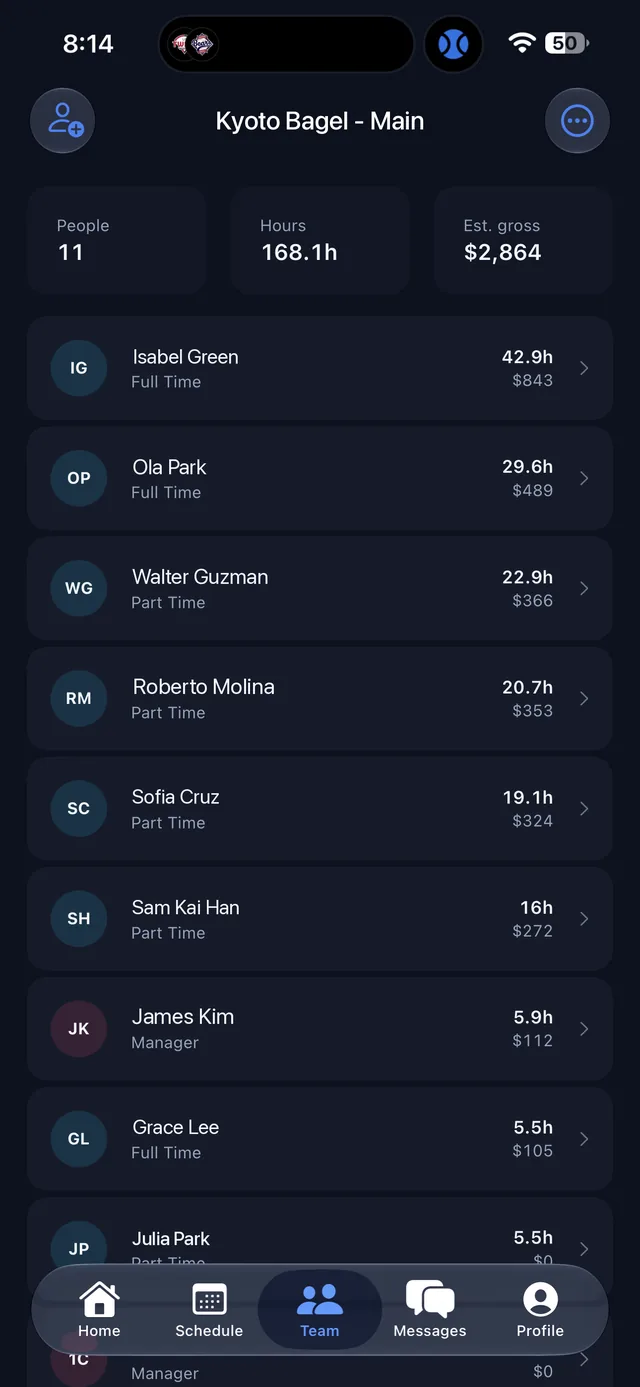Team tab listing staff