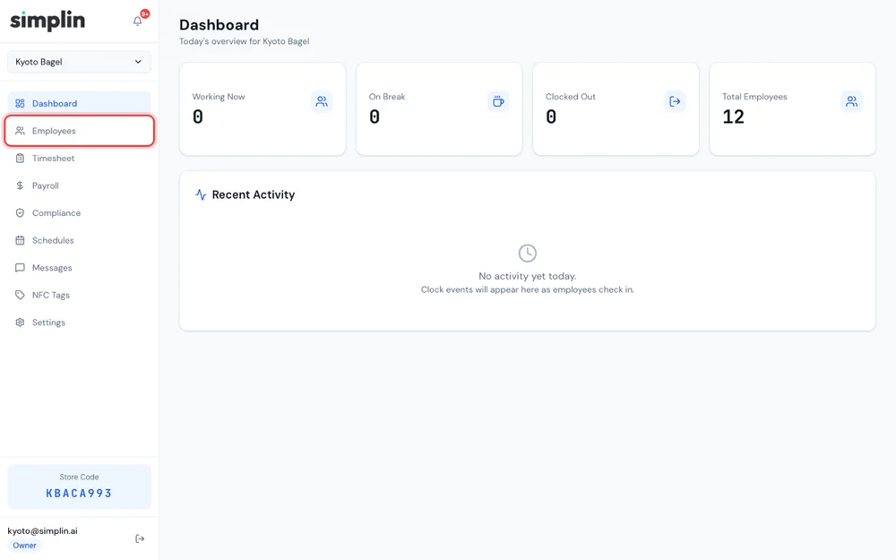 simplin.ai dashboard with the Employees menu highlighted